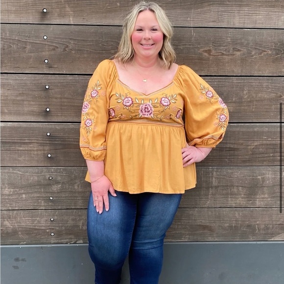 NWT Savanna Jane Floral Embroidered Mustard Yellow Square Neck Smocked Blouse, L - Picture 2 of 11